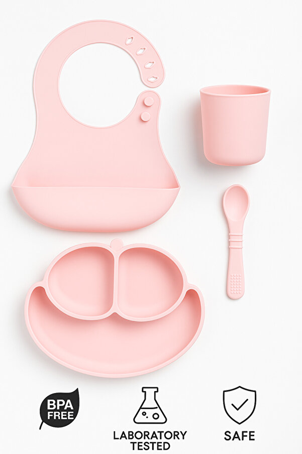 CKM silikon 4lü bebek beslenme seti pembe ( mama tabağı,kaşık,bardak,önlük)