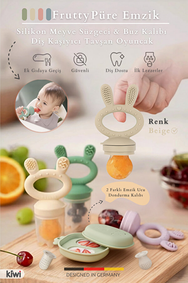 Kiwi Frutty Meyve Süzgeci-Diş Kaşıyıcı-Püre Emzik | Dondurma Kalıbı | %100 Gıda Sınıfı Silikon | 6-36 Ay