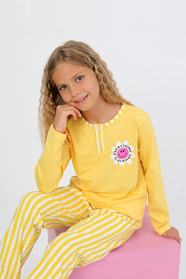 vitmo Kız Çocuk Uzun Kollu %100 Pamuklu Düğme Detaylı Pijama Takımı Alright