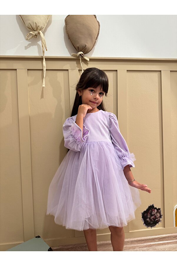 penu baby kids Lila Pırıltı Kumaş Altı Tül Etekli Pamuk Astarlı Fiyonklu Uzun Kol Kız Çocuk Kız Bebek Elbise