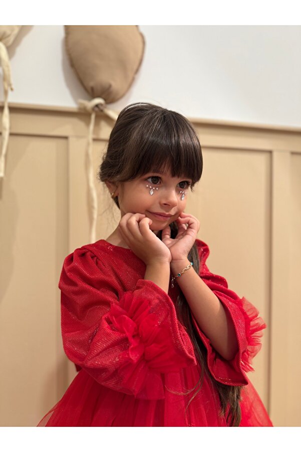 penu baby kids Kırmızı Pırıltı Kumaş Altı Tül Etekli Pamuk Astarlı Fiyonklu Uzun Kol Kız Çocuk Kız Bebek Elbise