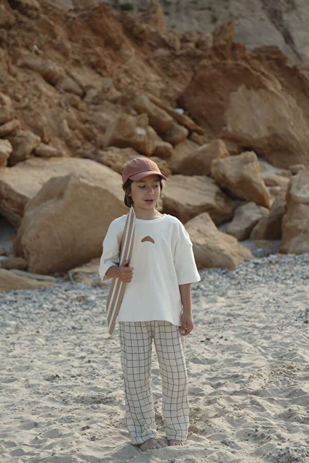 DoDo'S Baby Krem Renk Kareli Müslin Kız,Erkek Bebek,Çocuk Pantolonu – Rahat Kalıp, Doğal Kumaş