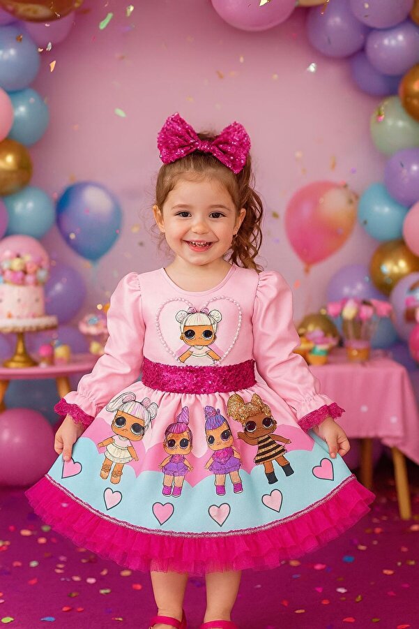 NA ADDESIGN Kız Çocuk Etek Ucu Dantel Detaylı Payet Kemerli Lol Bebek Elbise