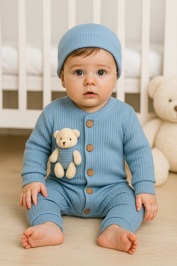 MBK GARDEN Peluş Ayıcıklı 2’li Bebek Tulum Ve Şapka Seti – Bayrama Özel Yumuşak Ve Şık