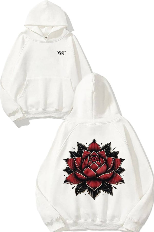 THEWERT Red Lotus Design Back Printed White Hooded Sweatshirt