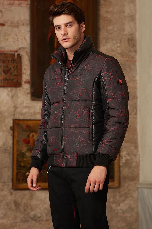 Mondo-Black Red Puffer Jacket with Hexagon Pattern 1