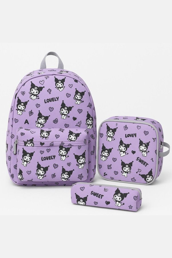 Bambus Triple School Bag 3-Piece Pencil Case Lunchbox School Bag Set Kuromi Purple