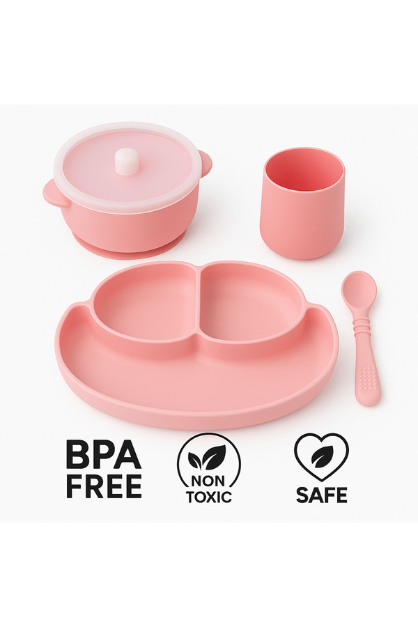 CKM silikon Silikon 4 lü Bebek Beslenme Seti- Vakumlu Mama Kasesi Bölmeli Mama Tabağı Alıştırma Bardağı ve Kaşık