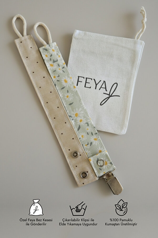 Feya Vika 2'li Puantiye & Papatya Desenli Pamuklu Yıkanabilir Emzik Askısı - Mint, Bej