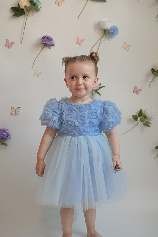 ALYRA Kız Bebek Elbise Kısa Kollu Fiyonklu Güllü Doğum Günü Parti Düğün Özel Gün Abiye Kız Çocuk Elbise