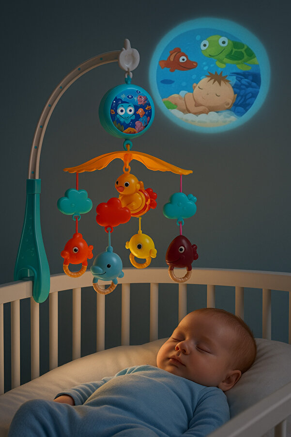 Baby Kumandalı Projeksiyonlu Dönence – Işıklı, Müzikli, Pilli, Beşik Üstü Oyuncak (54×9,5 cm)