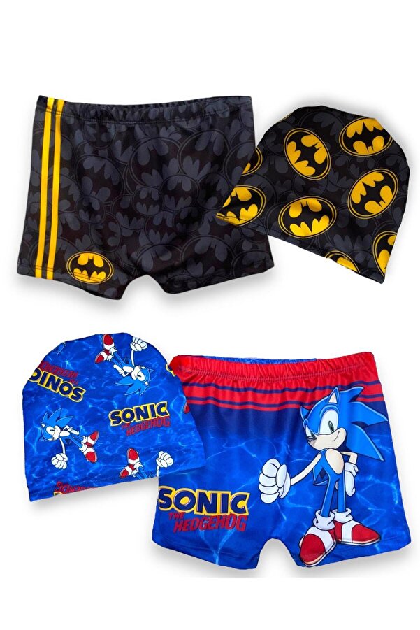 LİTTLE TORTOİSE Erkek Çocuk Sonic ve Batman Desenli Esnek Kumaş Rahat Kalıp Renkli 2'Li Deniz Şortu Bone Takımı
