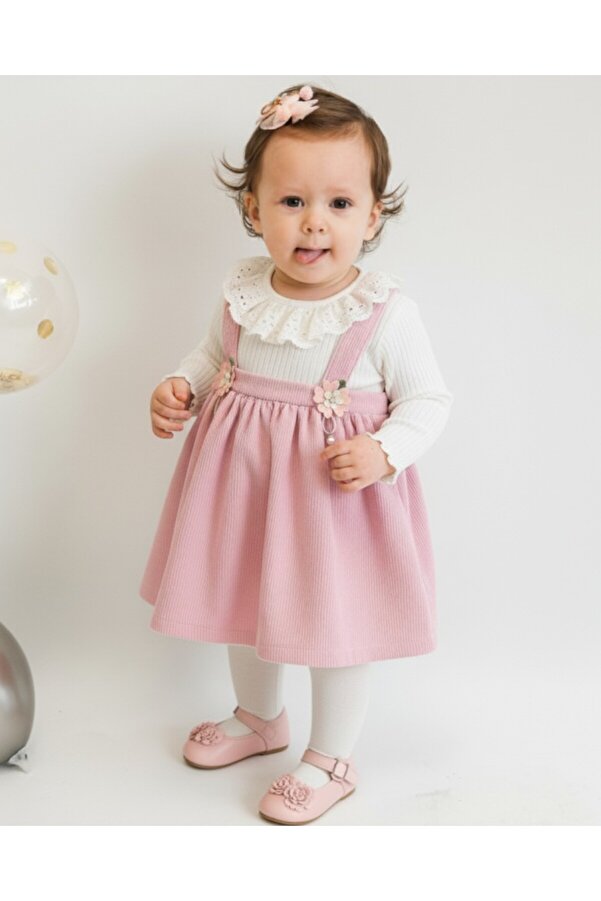 Ege Bebek Kız Bebek Vintage Bebe Yakalı, Fitilli Çiçek Aksesuarlı Elbise l l 6-9-12-18-24-36 Ay Elbise