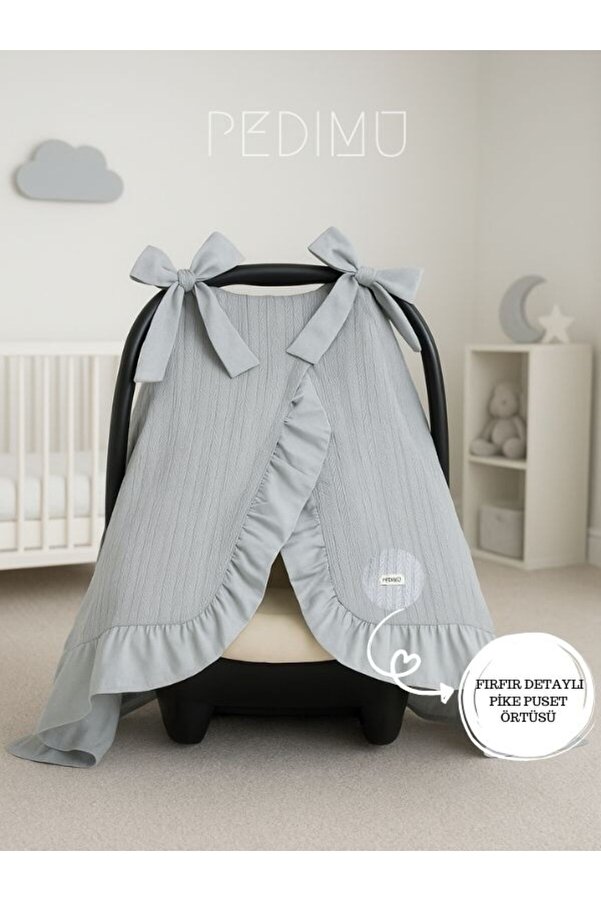 Pedimu Kışlık Pike Kumaş Gri Renk Fırfır Detaylı Puset Örtüsü