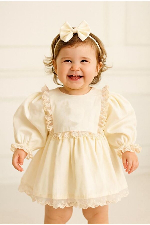 Hobidik Kız Bebek Krem Güpürlü Önlüklü Elbise Set