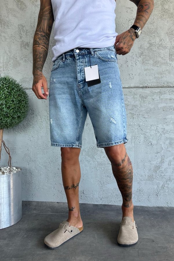 MADZEYMODA Denim Fabric Blue Baggy Fit Ripped Detailed Men's Jean Denim Shorts Ke-816
