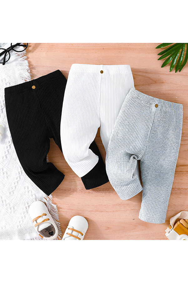 vitmo 3'lü Bebek Pamuklu Slim Fit Tek Alt Esnek ve Rahat Fitilli Kumaş Beyaz-Siyah-Gri