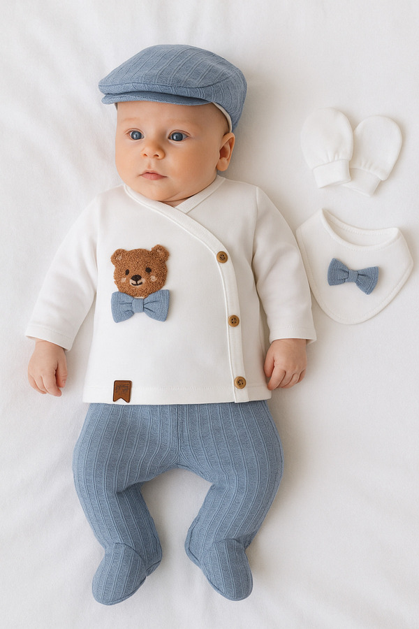 GizaKids %100 Pamuk Erkek Bebek Yenidoğan 5 Parça Hastane Çıkışı Set