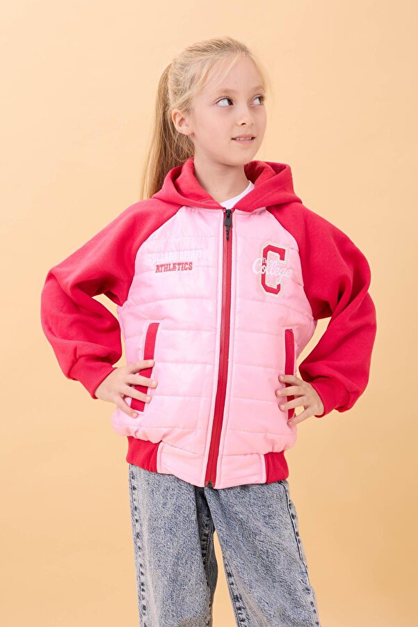 Perendi Kız Çocuk İçi Peluşlu Kapüşonlu Kapitone Kolej Ceket – Pembe