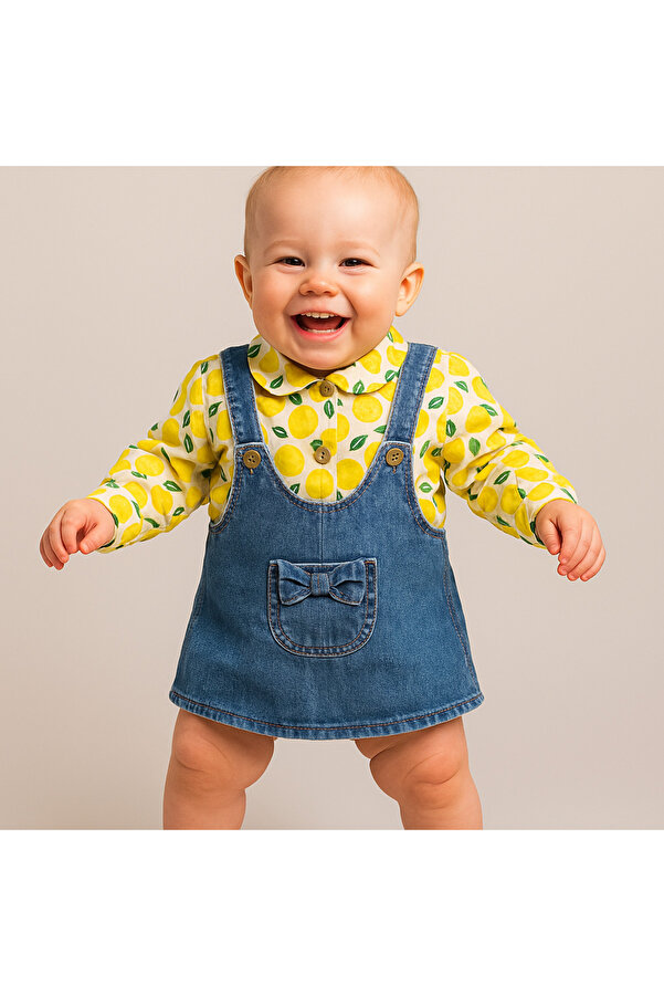 CROCODAYS Kız Çocuk Kot (JEANS) Desenli Gömlekli Kanatlı Jile Takımı (6/9/12/18) Ay