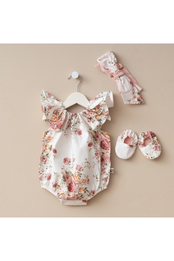 Minimus Newborn Girl Cotton Bonnie Romper Jumpsuit Set with Bandana Baby Set with Snap Crotch