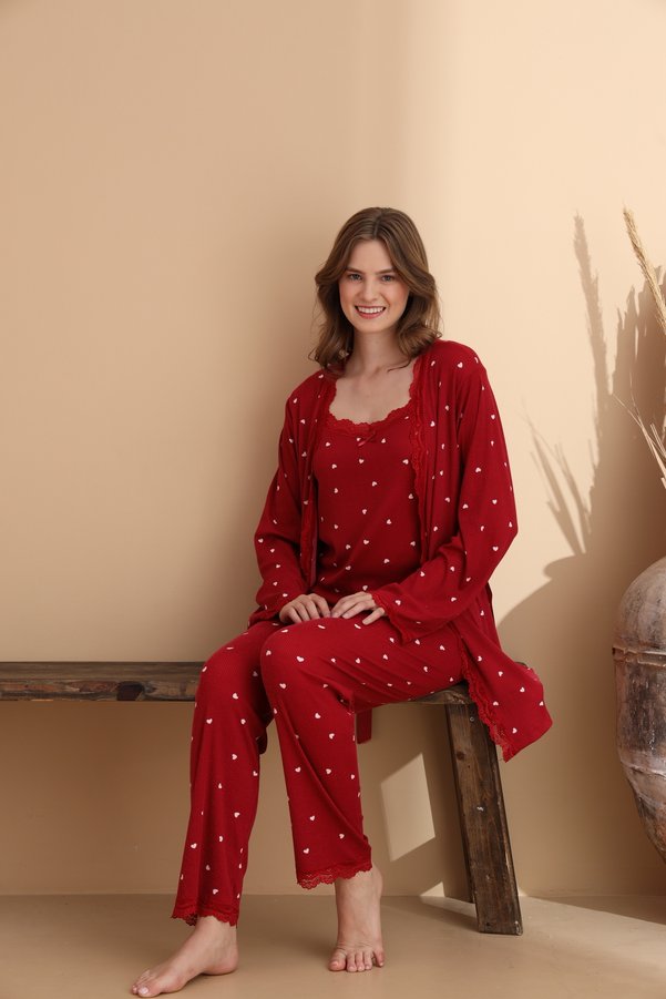 ELİTOL Heart Pattern Cares Knit Stretch Fabric Long Sleeve Women's 3-Piece Robe Pajama Set
