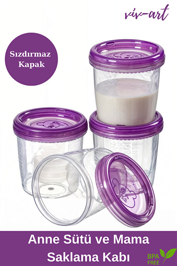 Vivart 4 Adet 180 ml Sızdırmaz Kapaklı Anne Sütü Ve Mama  Saklama Kabı Mor Kapaklı