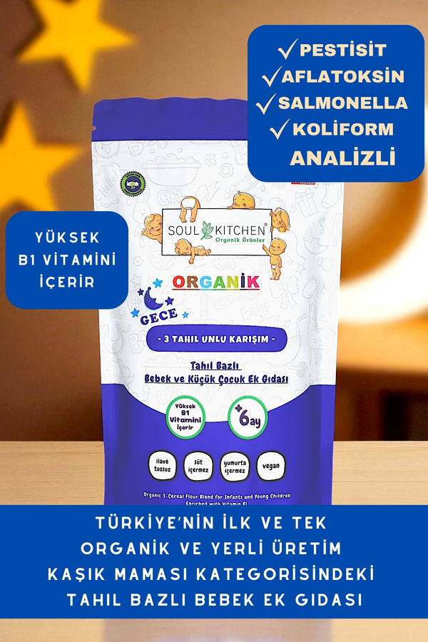 Soul Kitchen Organik Ürünler Organik Sertifikalı 3 Tahıllı Gece Maması Bebek Kaşık Maması B1 Vitaminli 250 g