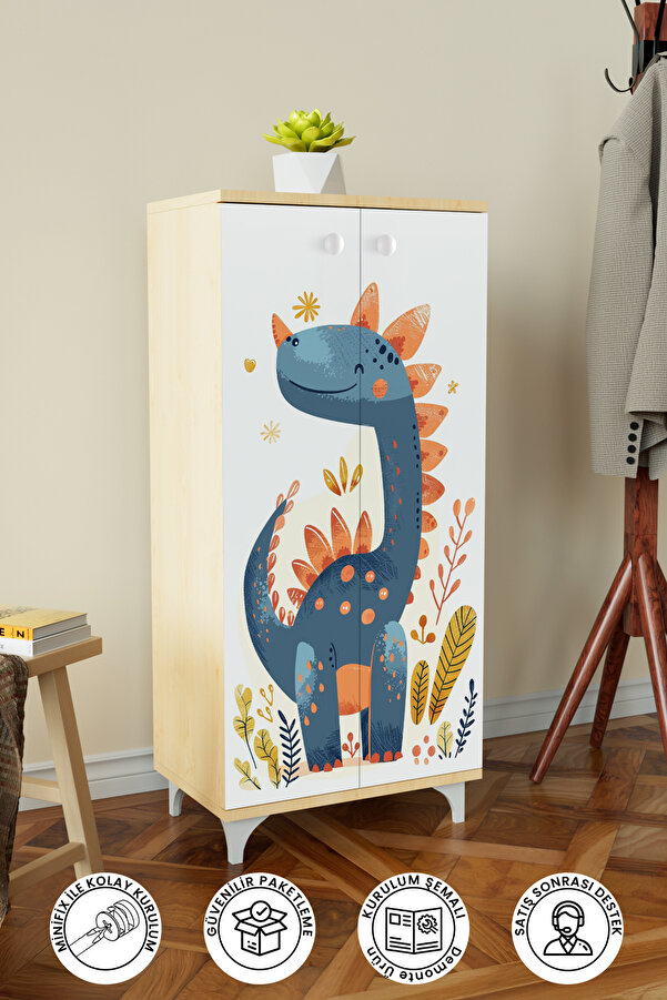 Hediyeler Kapında Minik Dino 3 Raflı Çocuk Odası Dolabı Çok Amaçlı Baskılı Oyuncak Dolabı Akçaağaç