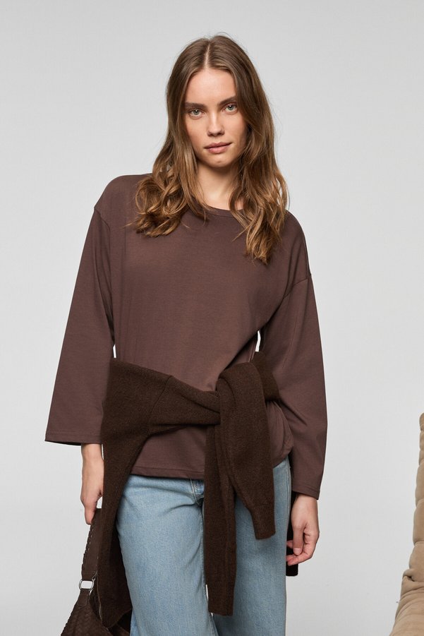 GRIMELANGE Basil women's oversize 100% organic cotton knitted long sleeve dark brown t-shirt