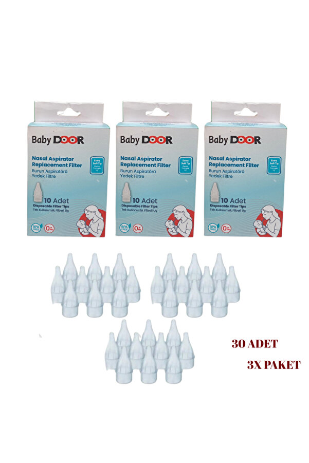 babydoor 3'Lü Paket Nasal Burun Aspiratöru Tek Kullanımlık Filtreli Yedek Uç 30 Adet (3PK*10)