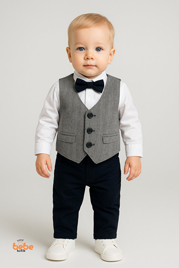 Trend Bebe Butik Erkek Bebek 4’lü Takım Elbise Seti Papyonlu Yelekli Gömlek Pantolon Düğün Sünnet Doğum Günü Kıyafeti