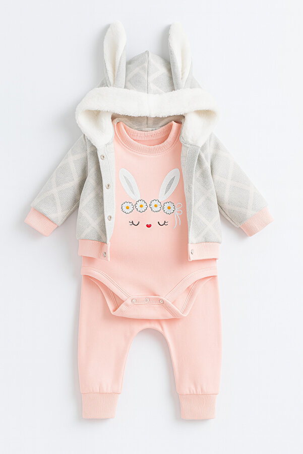 VEGAMOD Kız Bebek Kapüşonlu Tavşan Kulaklı Çizgili Tavşan Baskılı 3 Parça Zıbınlı Şirin Kız Takım Somon