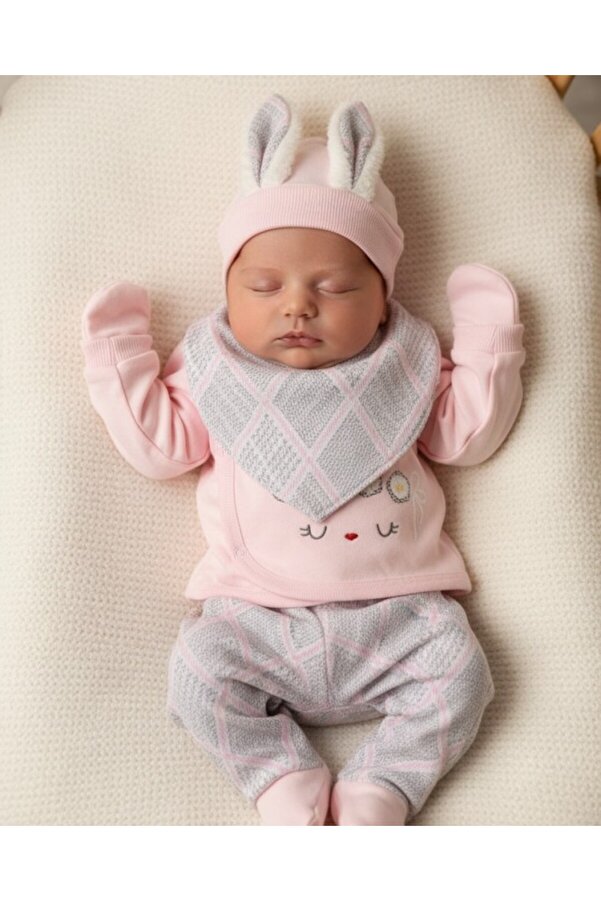 Ege Bebek Kız Bebek Tavşan Kulaklı %100 Organik Pamuk 5 Parça Hastane Çıkışı Seti / Bebek Takım Yenidoğan