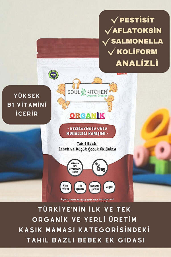 Soul Kitchen Organik Ürünler Organik Sertifikalı Keçiboynuzu Unlu Bebek Muhallebisi B1 Vitaminli Kaşık Maması 250 g