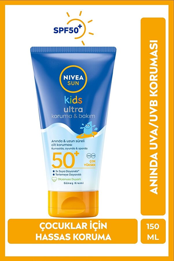NIVEA SUN SPF50 Çocuklar İçin Bakım ve Yüksek Güneş Koruyucu Vücut Kremi 150ml,Suya Dayanıklı, Hassas Cilt
