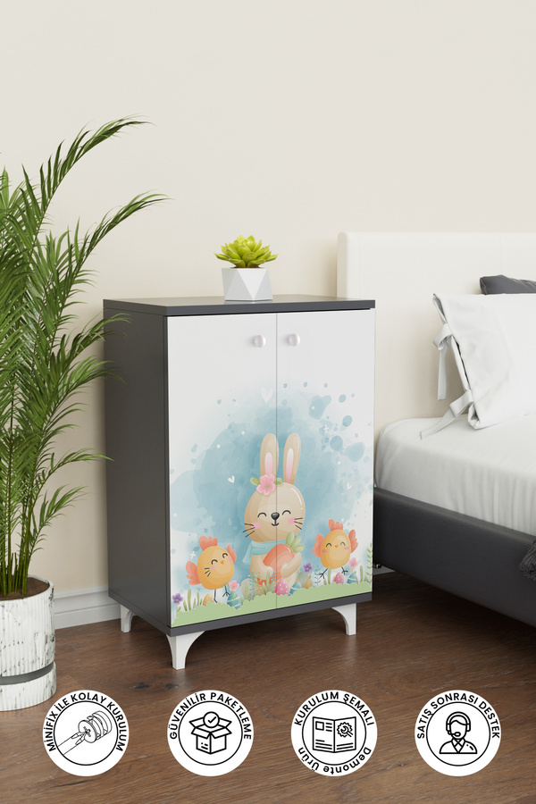 Hediyeler Kapında Happy Bunny 2 Raflı Çok Amaçlı Dolap Çocuk Odası Dolabı