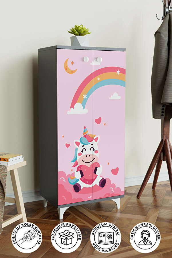 Hediyeler Kapında Çocuk Odası Unicorn Dream Antrasit Dolap 3 Raflı Çok Amaçlı Baskılı Oyuncak Dolabı