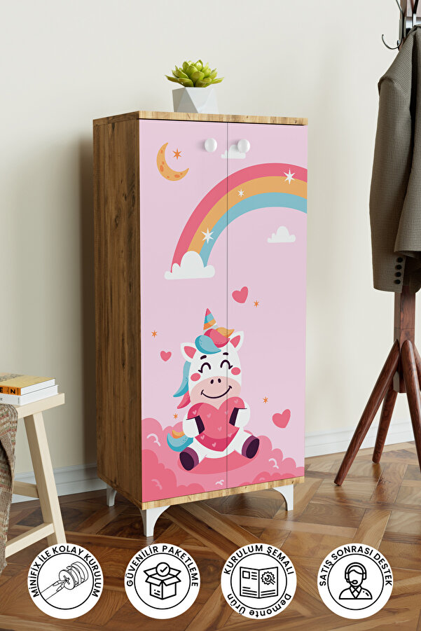 Hediyeler Kapında Çocuk Odası Unicorn Dream Ceviz Dolap 3 Raflı Çok Amaçlı Baskılı Oyuncak Dolabı