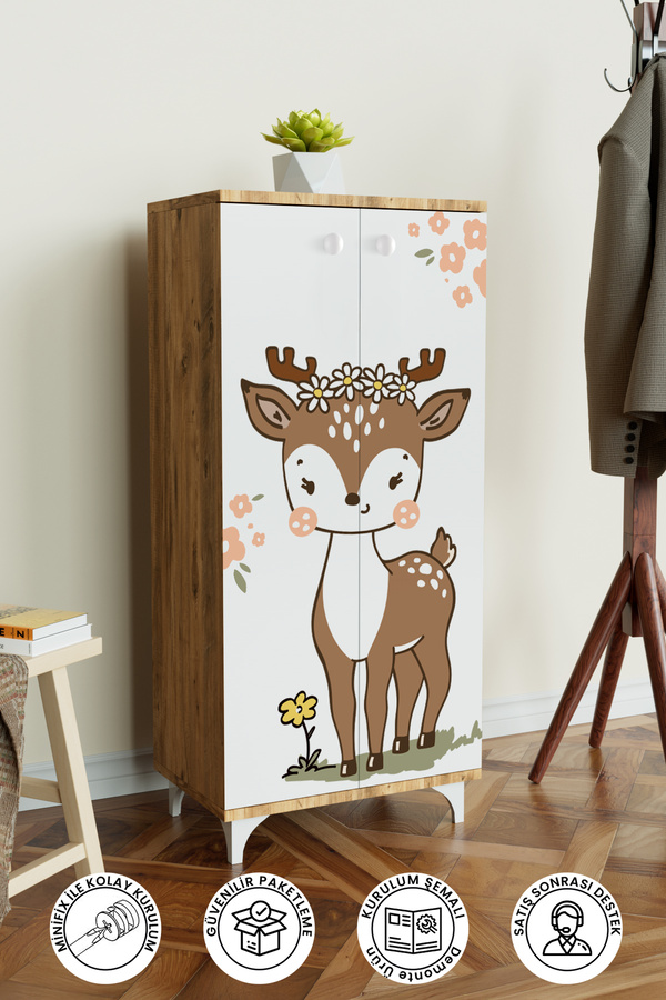 Hediyeler Kapında Little Fawn 3 Raflı Çocuk Odası Dolabı Çok Amaçlı Baskılı Oyuncak Dolabı Ahşap