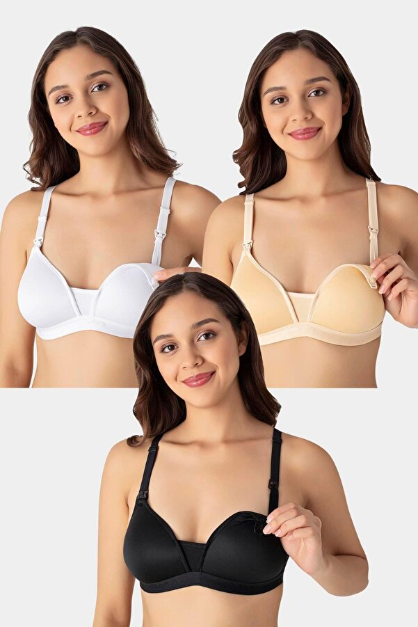 Arma Yıldız 3'lü Paket Beyaz Siyah Ten Kadın Balensiz Kaplı Emzirme Sütyeni Göğüs Ucu Görünmez Yumuşak Dokulu