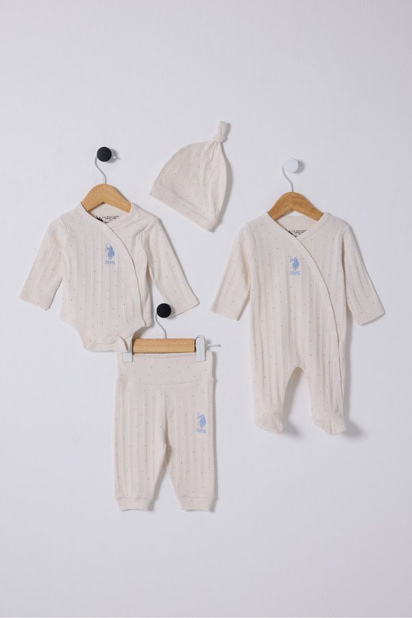 U.S. Polo Assn. Baby Boy V-Neck Pigment Printed Summer Regular Fit White Baby Set Usb2338-C-V1