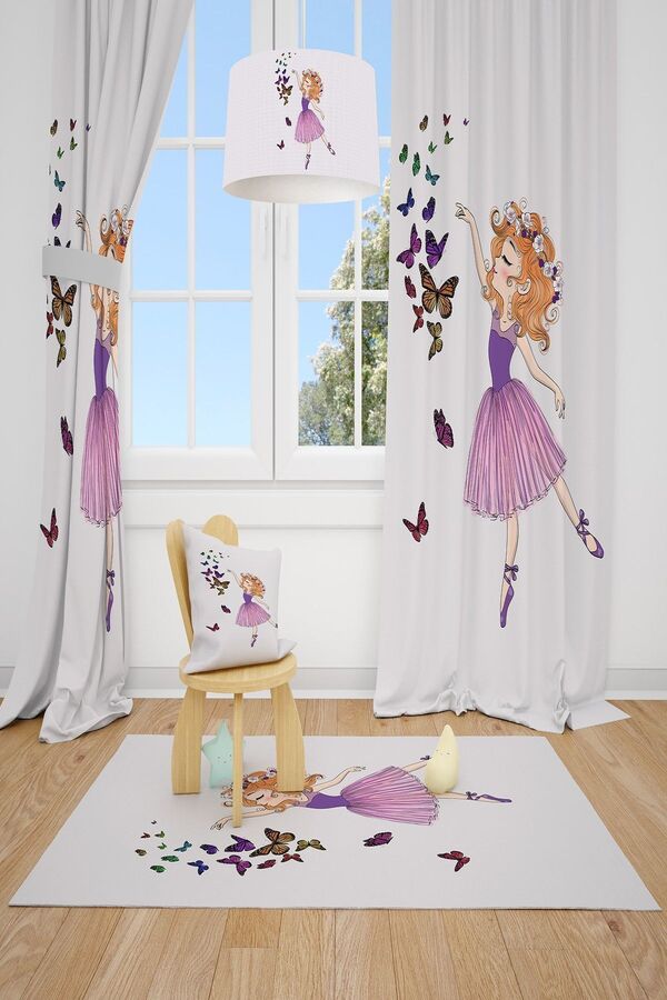 Talia Home Kelebekli Kız Çocuk Odası Fon Perdesi 2 Kanat Tla-173