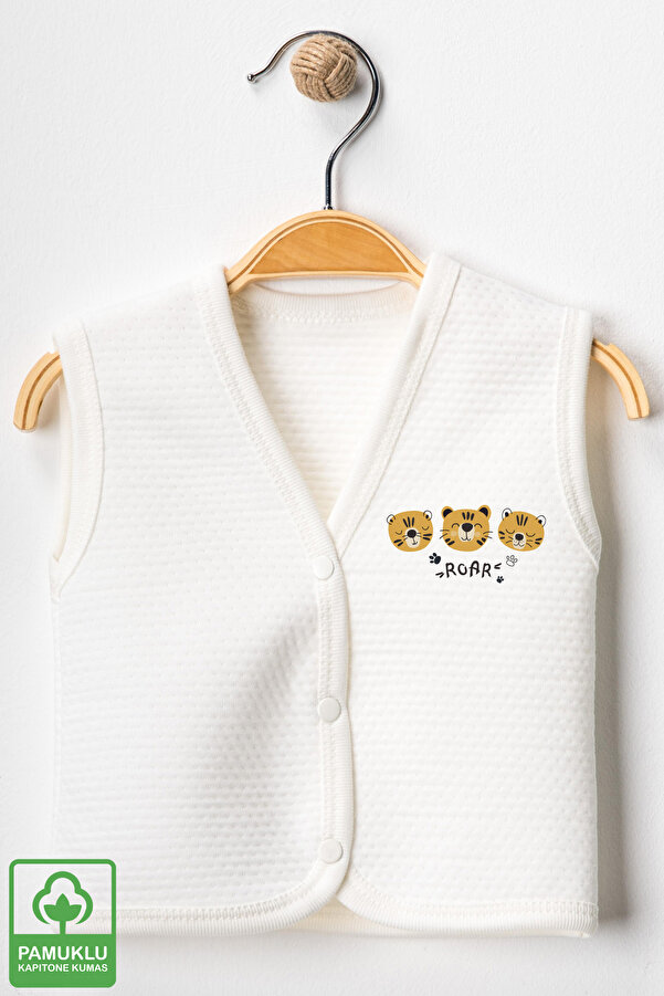 Miniel Erkek Bebek Tiger Baskılı Organik Pamuklu 3-6-9 Ay Kapitone Bebek Yelek