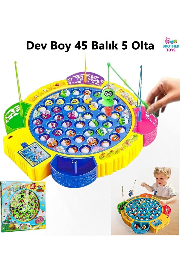 Brother Toys Dev Boy Pilli Müzikli Balık Tutma Yakalama Oyunu 45 Balık 5 Olta Hareketli 35 Cm.