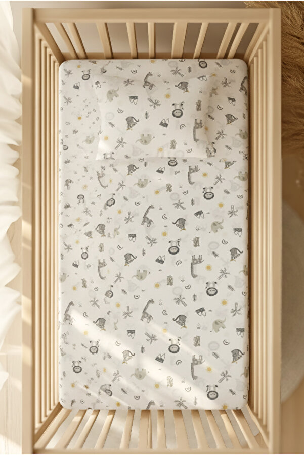 pistore %100 Pamuk Ranforce Lastikli Çarşaf Seti - Dinazor, Fil ve Aslan Desenli Park Yatak 70x120 35x45