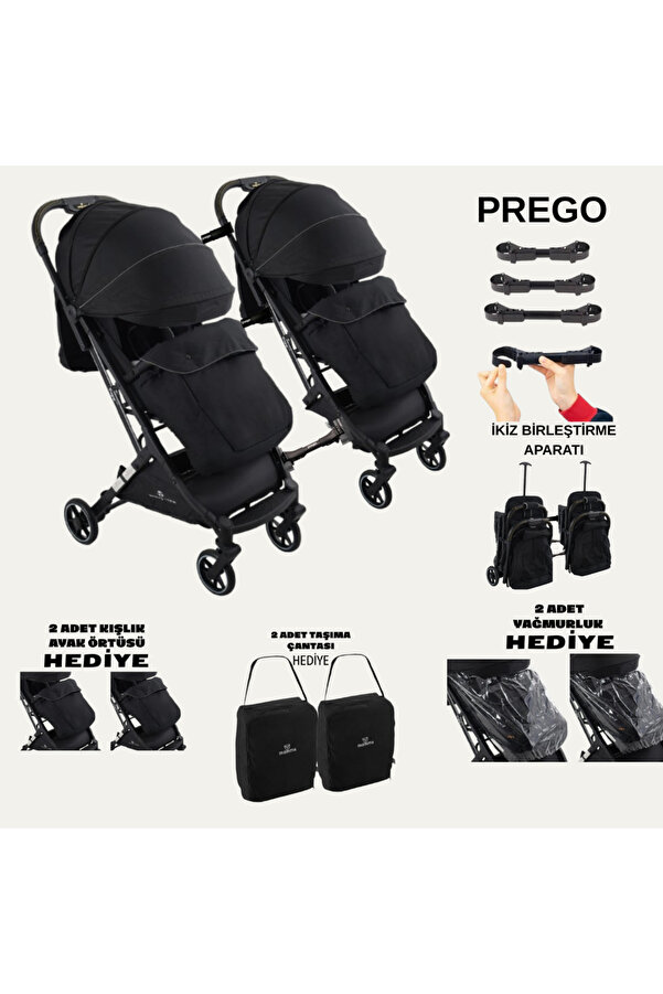 TURHAN BEBE Prego Yan Yana Birleştirmeli Kabin Boy İkiz Bebek Arabası Ayak Örtüsü + Yağmurluk +Taşıma Çanatası