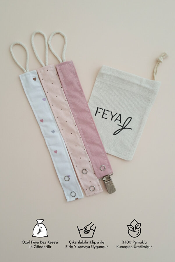 Feya Vika 3'lü Kalp&nokta Desenli & Düz Pamuklu Yıkanabilir Emzik Askısı / Zinciri - Beyaz, Pudra Pembe