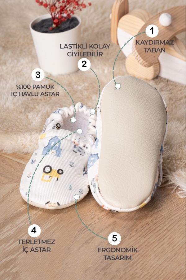 Buude Kids Kaydırmaz Tabanlı, Pamuk Havlu Astarlı Bebek Patiği