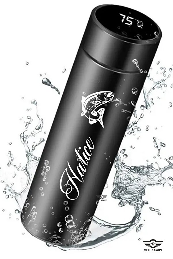 MELL & SWIPE Siyah Dereceli Kişiye Özel İsim Baskılı Çelik Dijital Led Sıcaklık Göstergeli Akıllı Termos 500ml